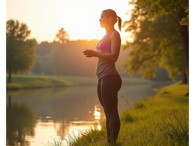 Osoba 40+ u sportskoj opremi radi jutarnje vežbe istezanja u prirodi, simbolizujući vitalnost i pokret.
