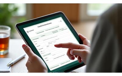 Osoba popunjava detaljan upitnik o zdravlju na tabletu uz šolju kafe.