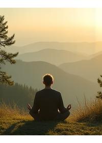 Opuštena osoba meditira u prirodi u Srbiji, sa panoramom krajolika.