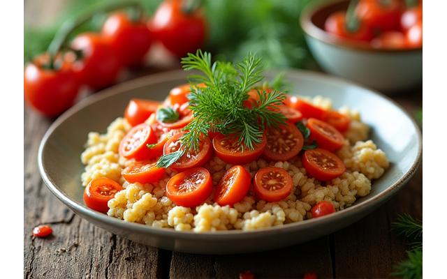 Moderno servirana, zdrava verzija tradicionalnih srpskih jela kao što su punjene paprike ili sarma, sa svežim sastojcima.