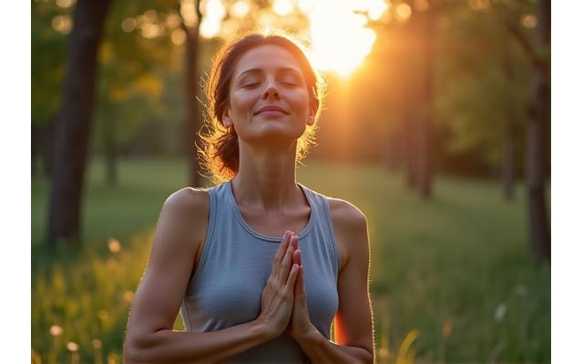 Osoba meditira na mirnom mestu, možda u parku u Beogradu, uz izlazak ili zalazak sunca.