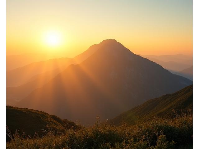 Planinski vrh obasjan jutarnjim suncem, simbolizirajući vrhunac energije i vitalnosti